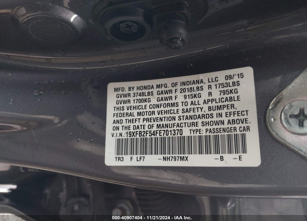 2015 HONDA CIVIC VIN: 19XFB2F54FE701370
