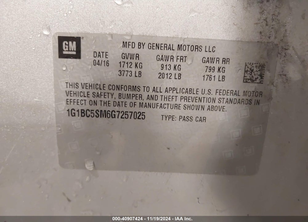 2016 CHEVROLET CRUZE VIN: 1G1BC5SM6G7257025