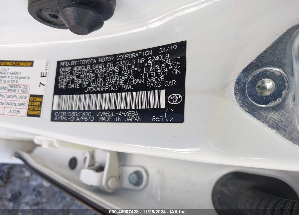 2019 TOYOTA PRIUS PRIME PLUS VIN: JTDKARFP1K3118901