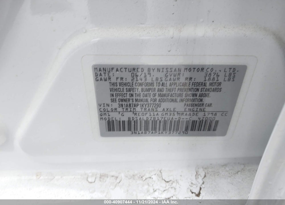 2019 NISSAN SENTRA SV VIN: 3N1AB7AP1KY377290