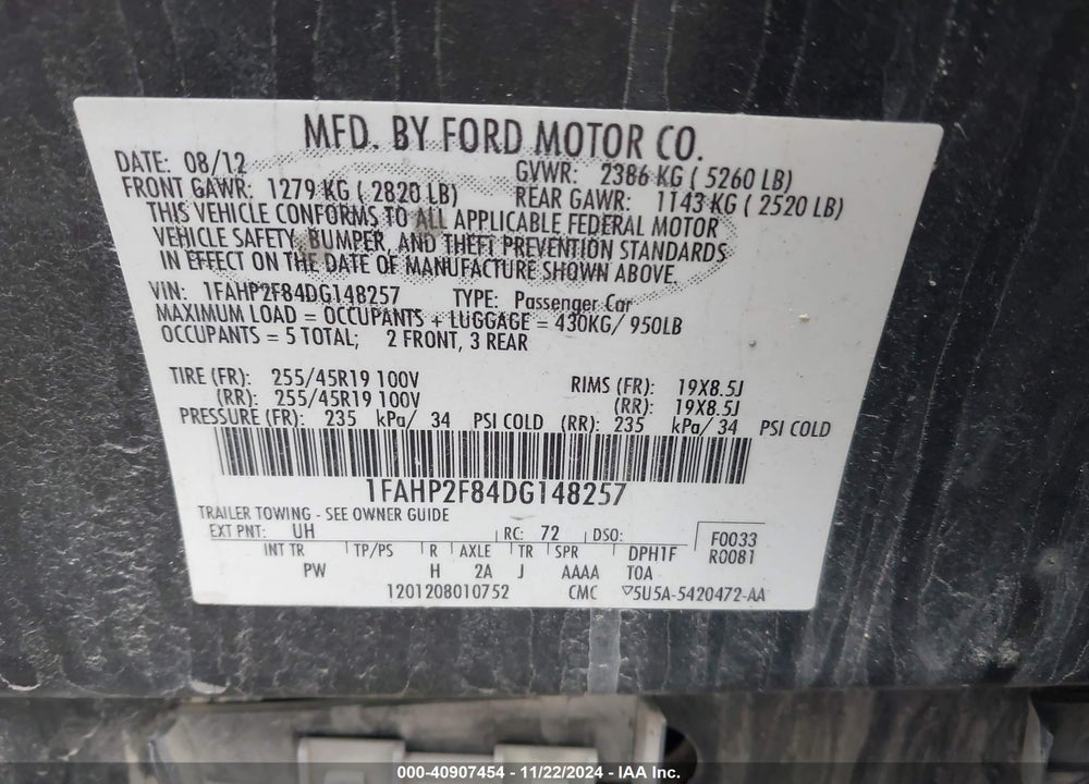 2013 FORD TAURUS LIMITED VIN: 1FAHP2F84DG148257