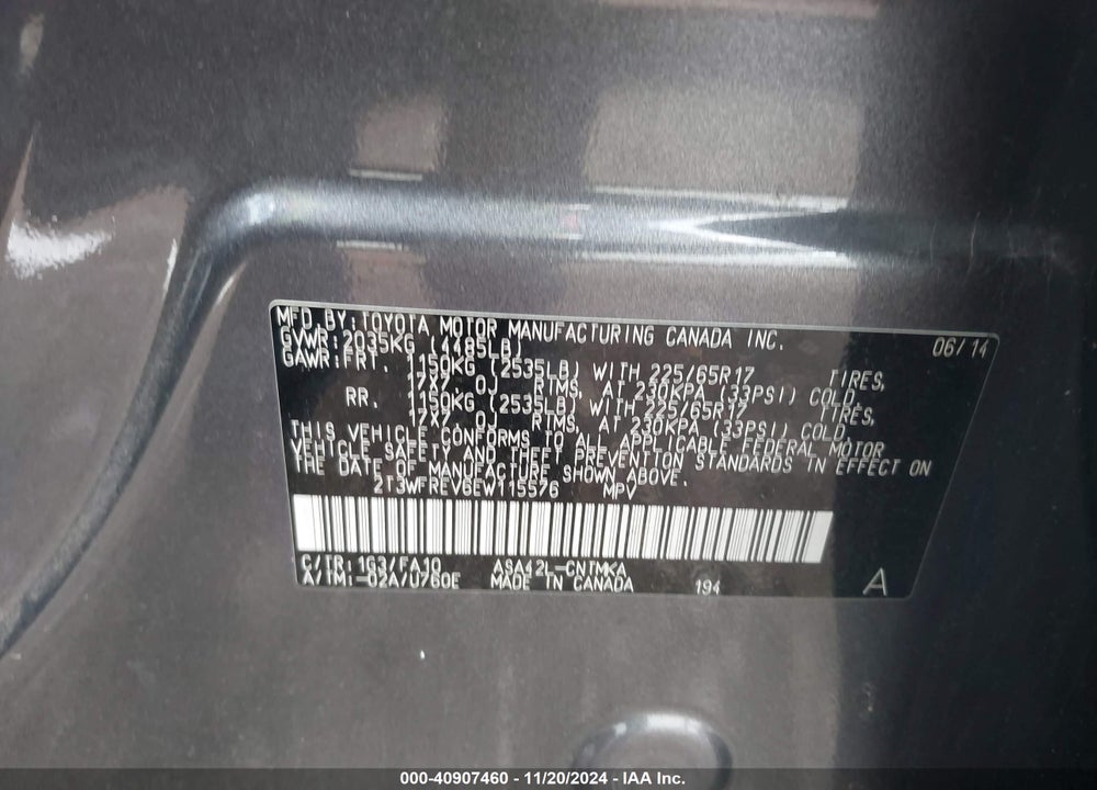 2014 TOYOTA RAV4 XLE VIN: 2T3WFREV6EW115576