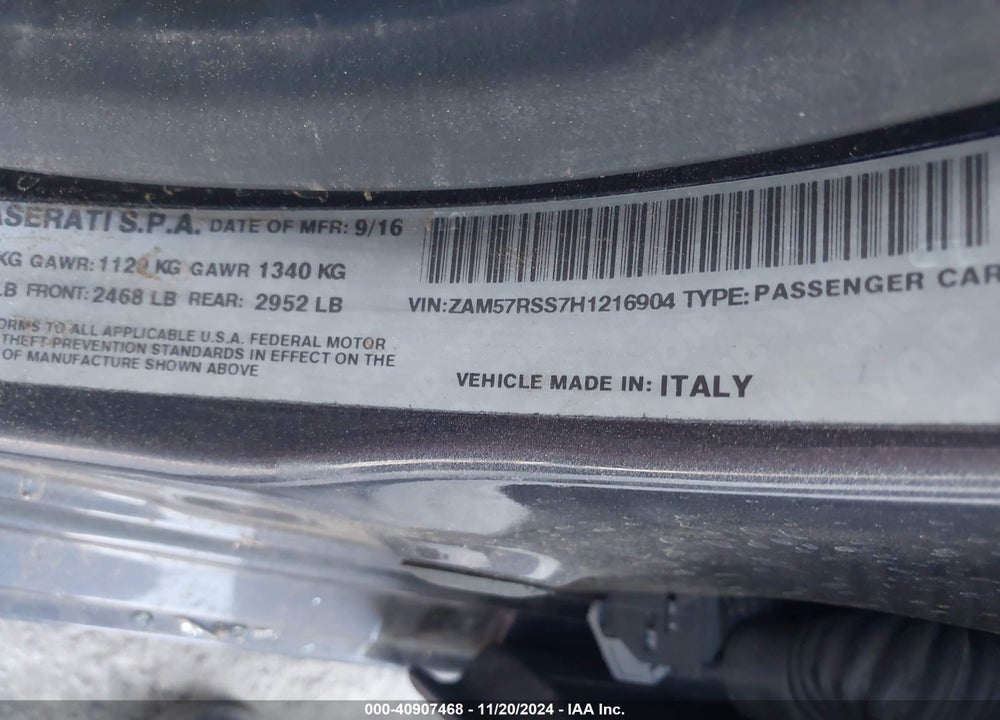 2017 MASERATI GHIBLI S VIN: ZAM57RSS7H1216904