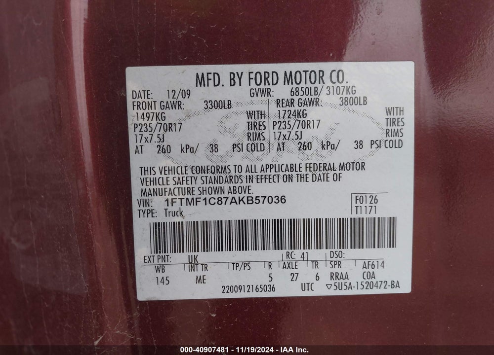 2010 FORD F-150 XL/XLT VIN: 1FTMF1C87AKB57036