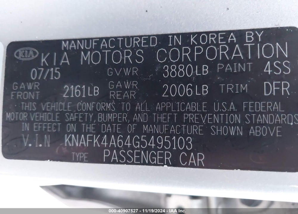 2016 KIA FORTE LX VIN: KNAFK4A64G5495103