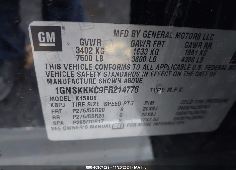 2015 CHEVROLET SUBURBAN 1500 LTZ VIN: 1GNSKKKC9FR214776