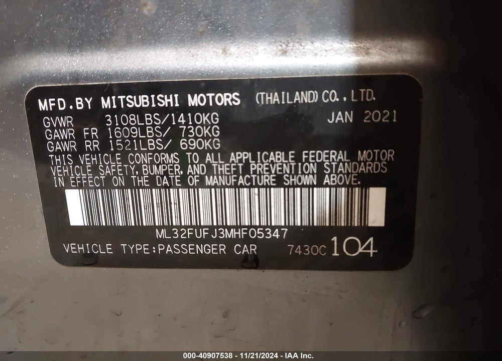 2021 MITSUBISHI MIRAGE G4 CARBONITE EDITION/ES/LE VIN: ML32FUFJ3MHF05347