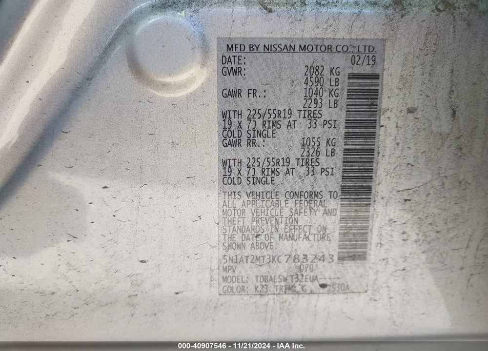 2019 NISSAN ROGUE SL VIN: 5N1AT2MT3KC783243