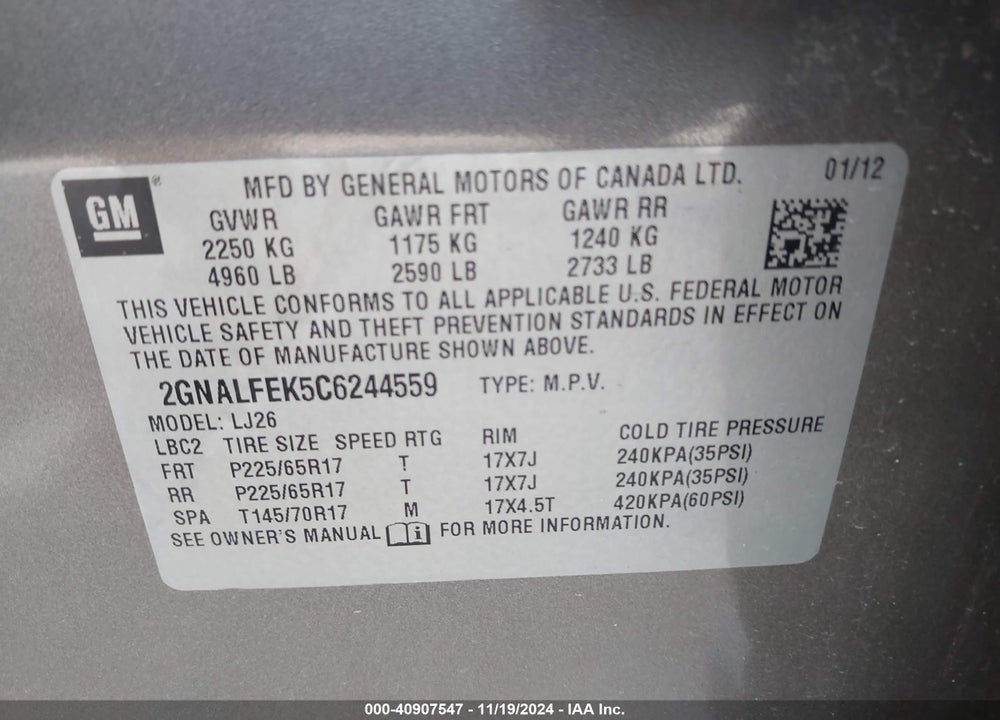 2012 CHEVROLET EQUINOX LTZ VIN: 2GNALFEK5C6244559