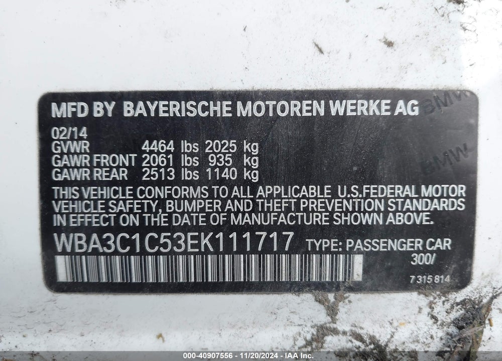2014 BMW 328I VIN: WBA3C1C53EK111717