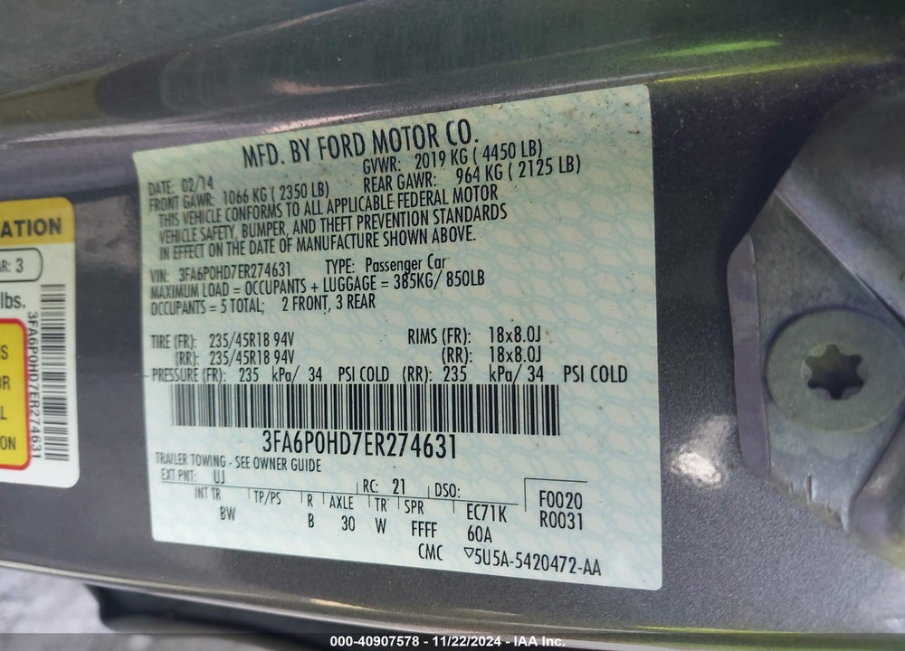 2014 FORD FUSION SE VIN: 3FA6P0HD7ER274631
