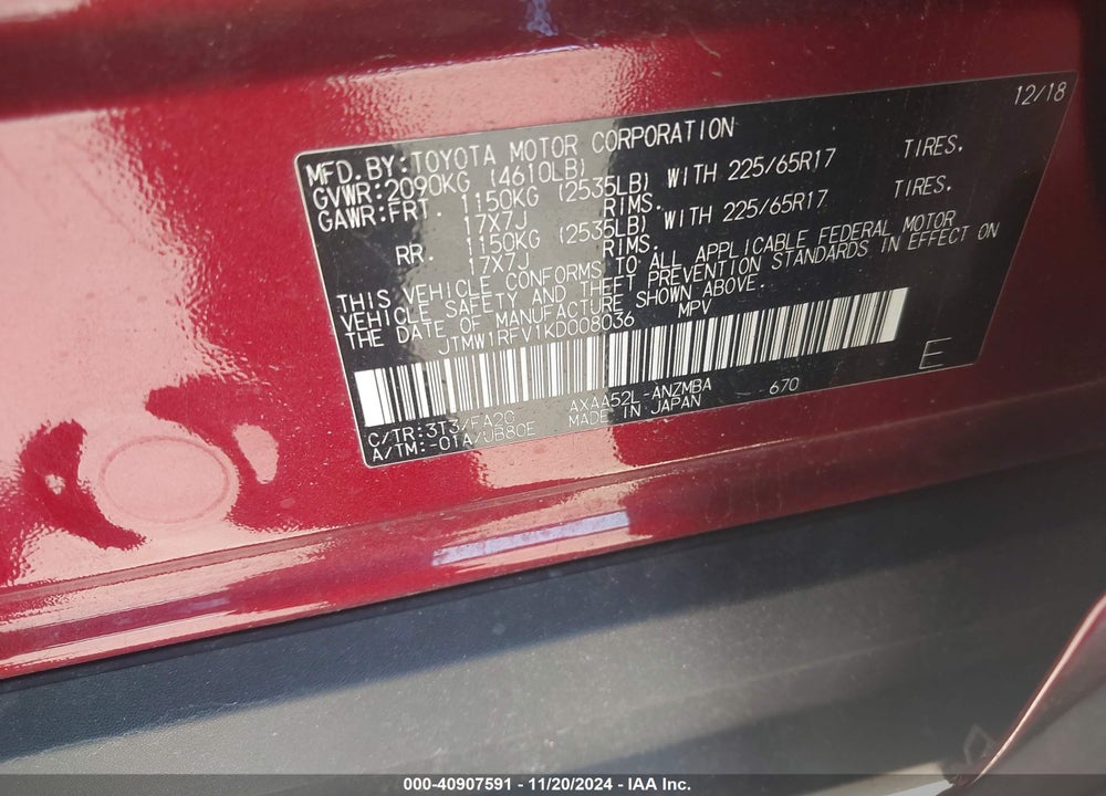 2019 TOYOTA RAV4 XLE VIN: JTMW1RFV1KD008036