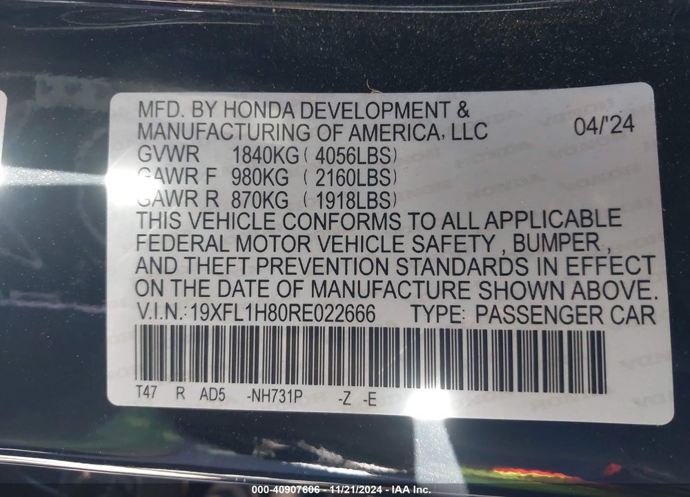 2024 HONDA CIVIC SPORT TOURING VIN: 19XFL1H80RE022666