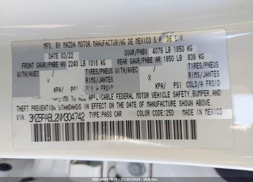 2022 MAZDA 3 SELECT VIN: 3MZBPABL2NM304742