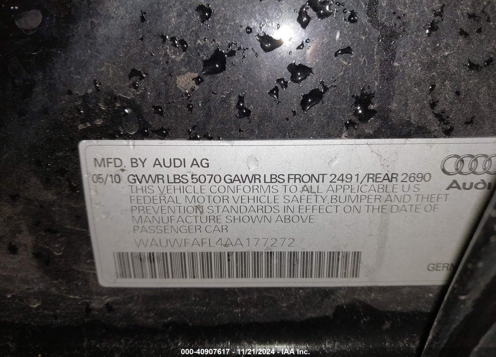 2010 AUDI A4 VIN: WAUWFAFL4AA177272