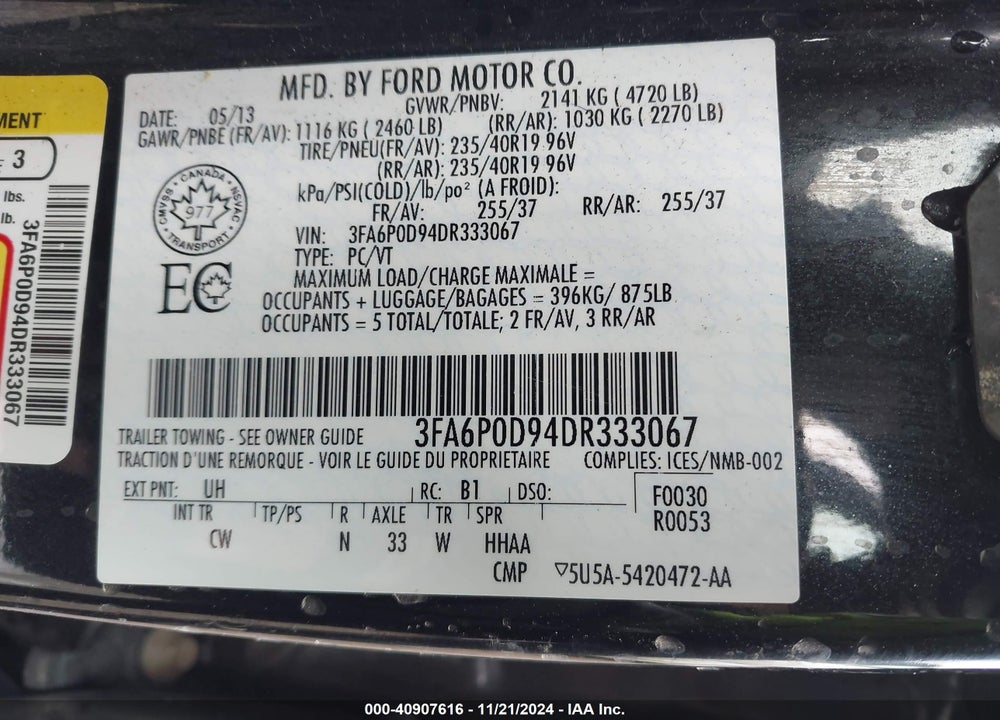 2013 FORD FUSION TITANIUM VIN: 3FA6P0D94DR333067
