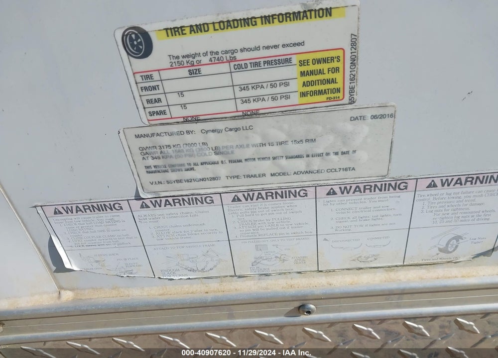 2016 CYNERGY CARGO LLC TRAILER VIN: 55YBE1621GN012807