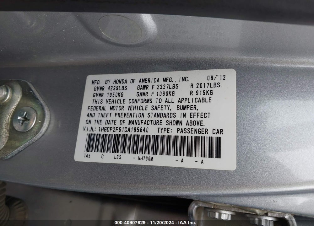 2012 HONDA ACCORD 2.4 SE VIN: 1HGCP2F61CA185840
