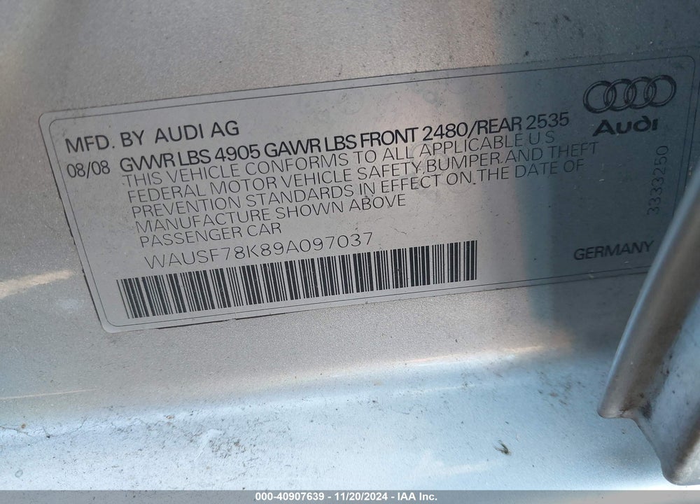2009 AUDI A4 2.0T PREMIUM VIN: WAUSF78K89A097037