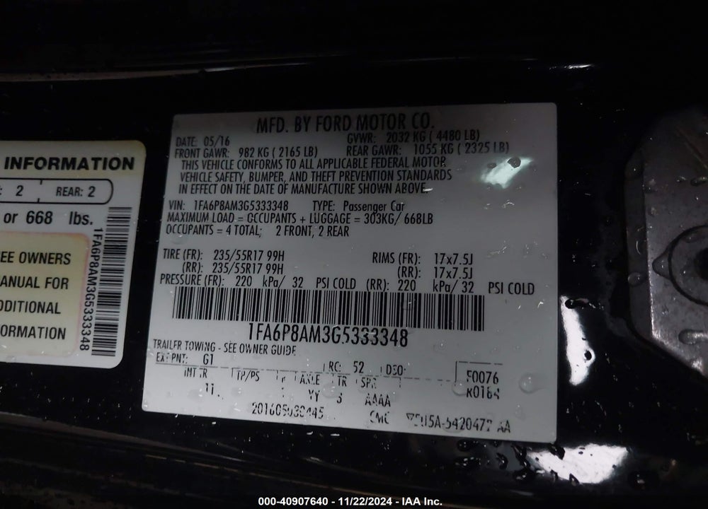 2016 FORD MUSTANG VIN: 1FA6P8AM3G5333348