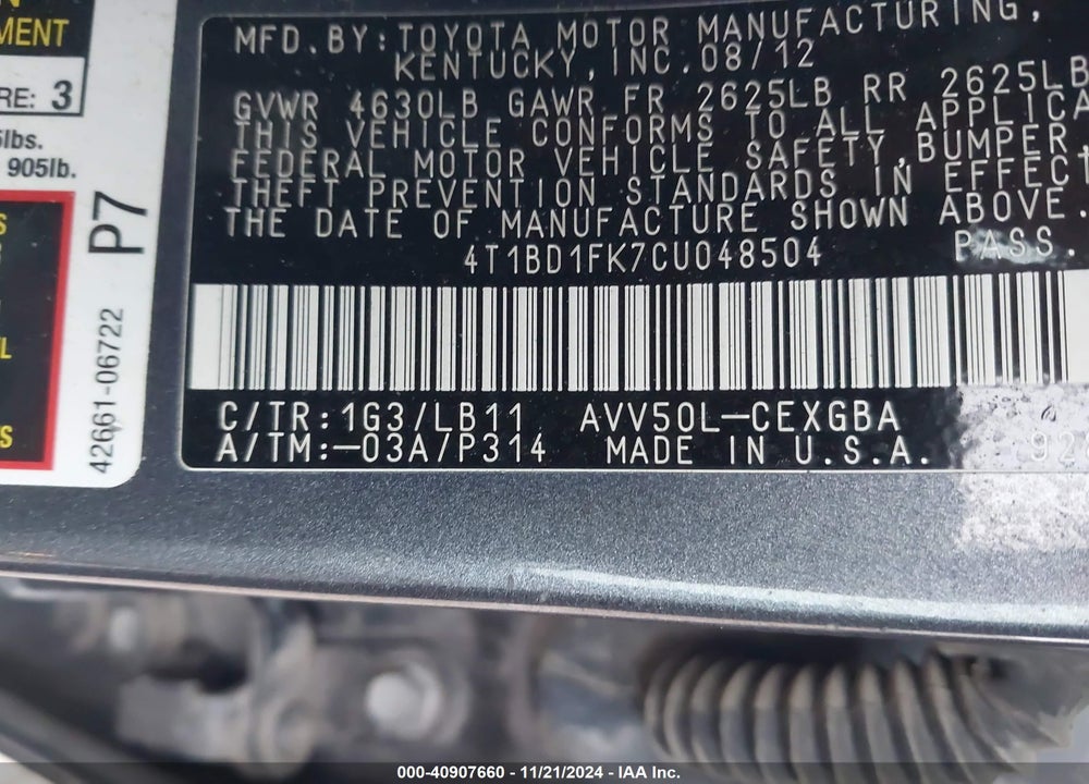 2012 TOYOTA CAMRY HYBRID XLE VIN: 4T1BD1FK7CU048504