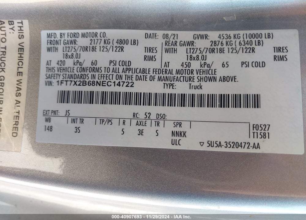 2022 FORD F-250 XLT VIN: 1FT7X2B68NEC14722