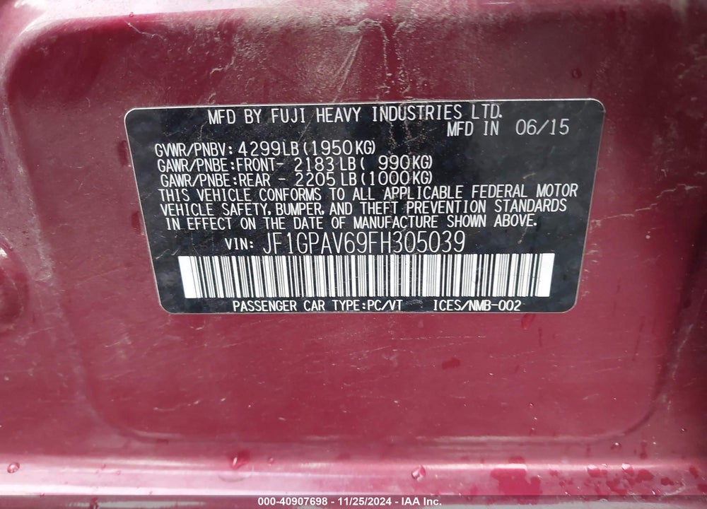 2015 SUBARU IMPREZA VIN: JF1GPAV69FH305039