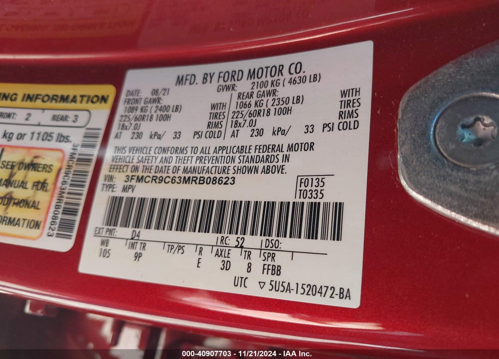 2021 FORD BRONCO SPORT OUTER BANKS VIN: 3FMCR9C63MRB08623