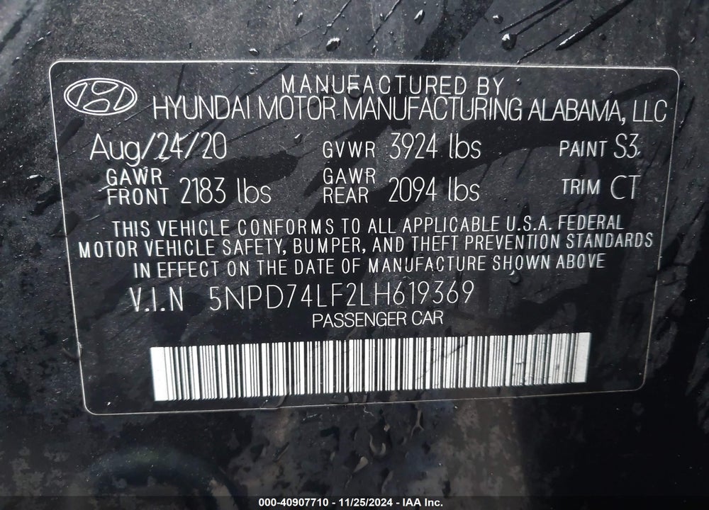 2020 HYUNDAI ELANTRA SE VIN: 5NPD74LF2LH619369