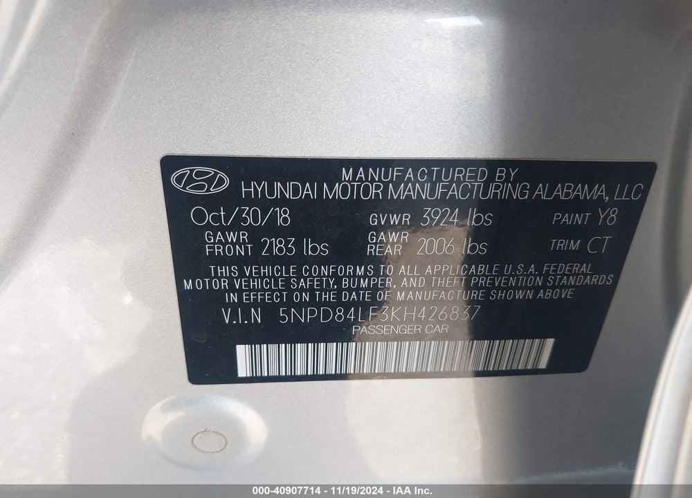 2019 HYUNDAI ELANTRA SEL VIN: 5NPD84LF3KH426837