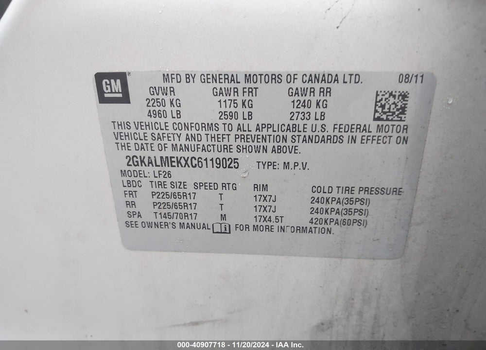 2012 GMC TERRAIN SLE-1 VIN: 2GKALMEKXC6119025