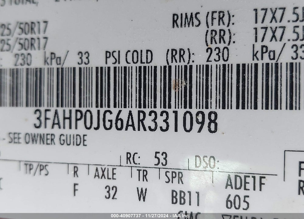 2010 FORD FUSION VIN: 3FAHP0JG6AR331098