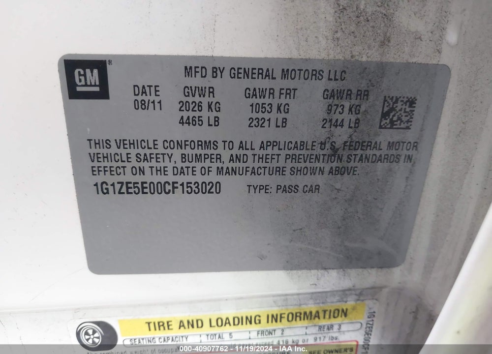 2012 CHEVROLET MALIBU 1LZ VIN: 1G1ZE5E00CF153020
