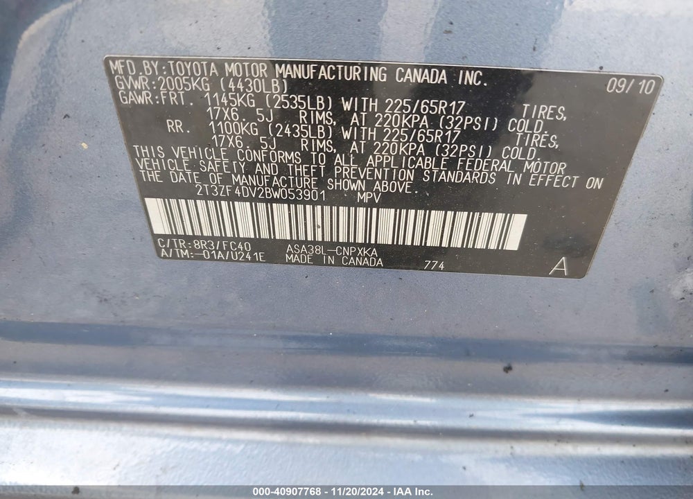 2011 TOYOTA RAV4 VIN: 2T3ZF4DV2BW053901