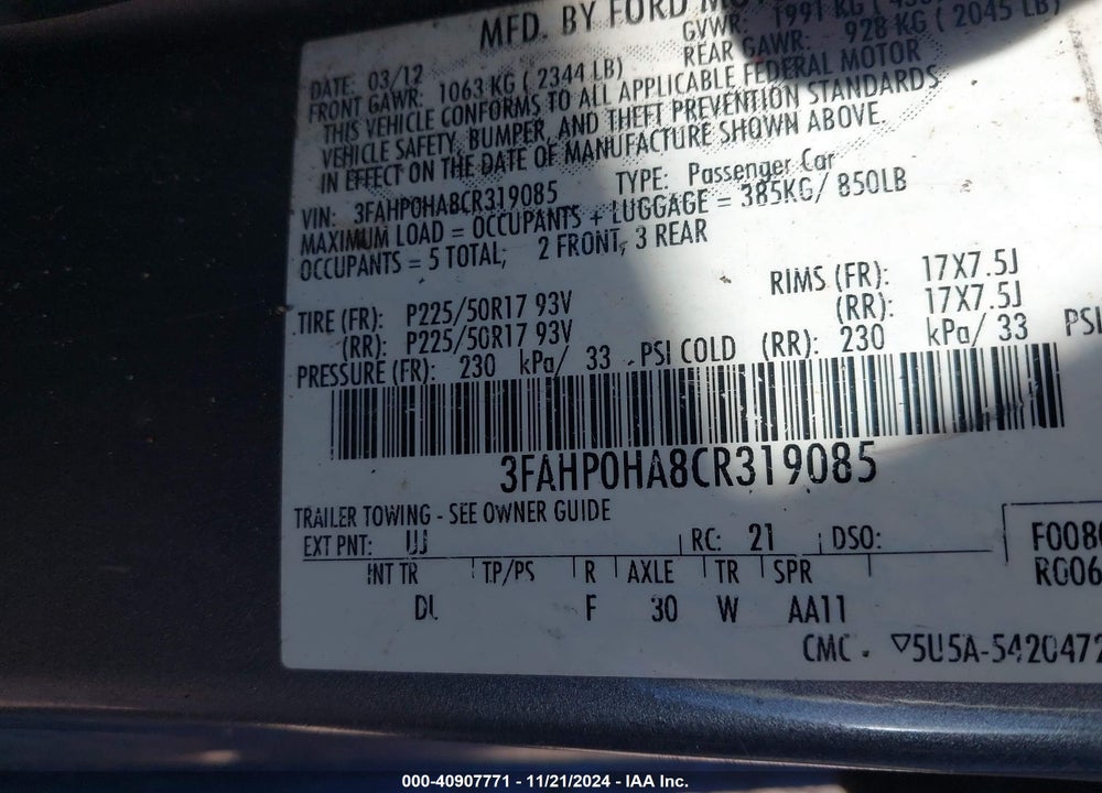 2012 FORD FUSION SE VIN: 3FAHP0HA8CR319085