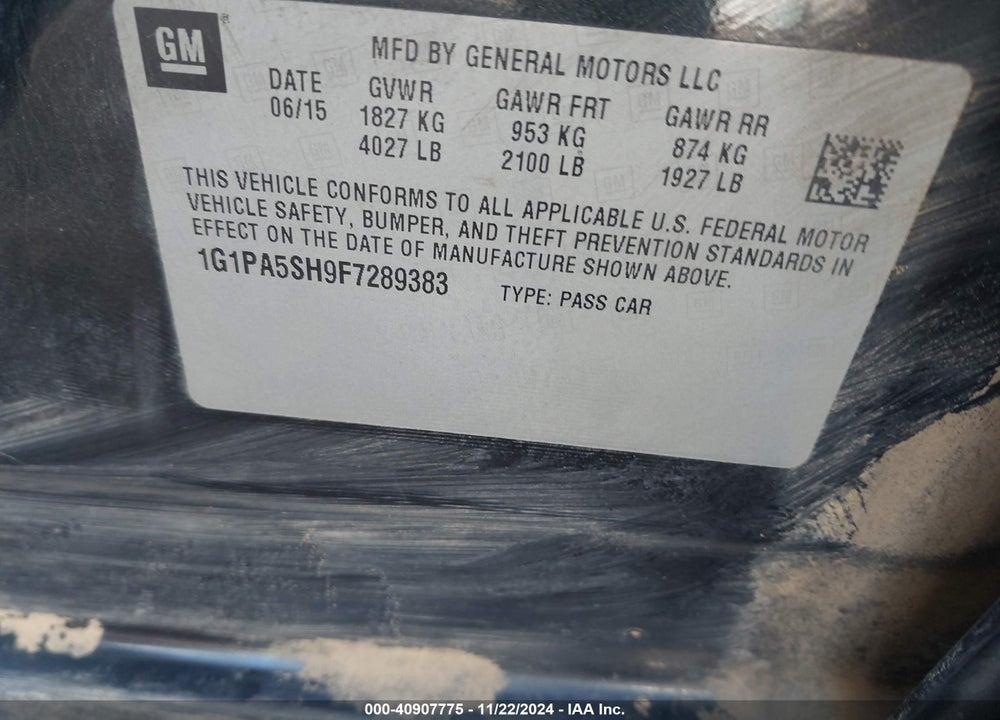 2015 CHEVROLET CRUZE LS AUTO VIN: 1G1PA5SH9F7289383