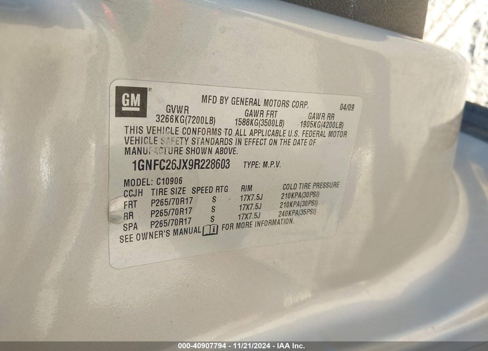 2009 CHEVROLET SUBURBAN 1500 LT1 VIN: 1GNFC26JX9R228603
