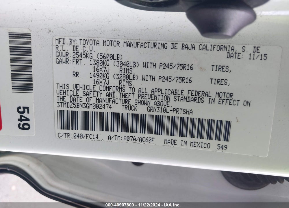 2016 TOYOTA TACOMA SR5 V6 VIN: 3TMDZ5BN3GM002474