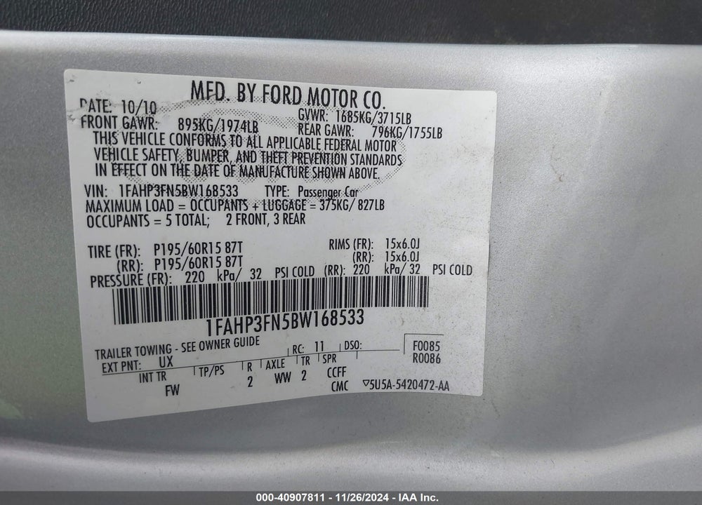 2011 FORD FOCUS SE VIN: 1FAHP3FN5BW168533