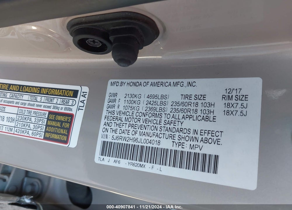 2018 HONDA CR-V TOURING VIN: 5J6RW2H96JL004018