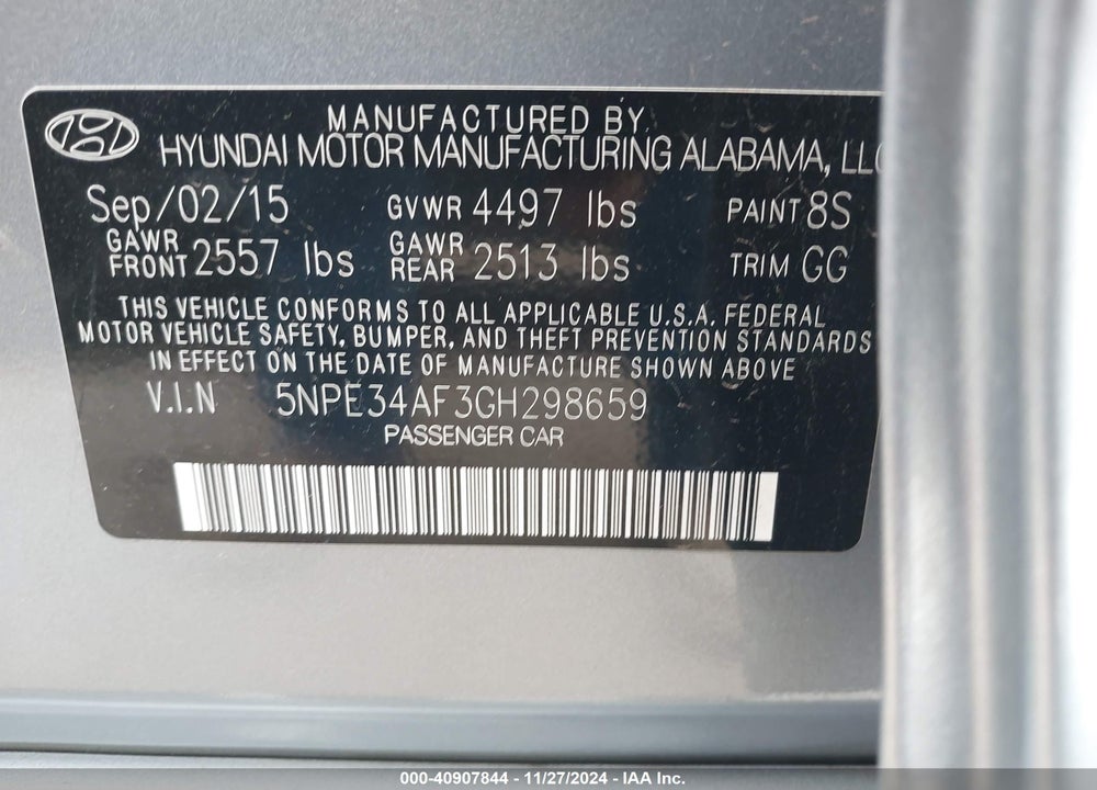 2016 HYUNDAI SONATA VIN: 5NPE34AF3GH298659