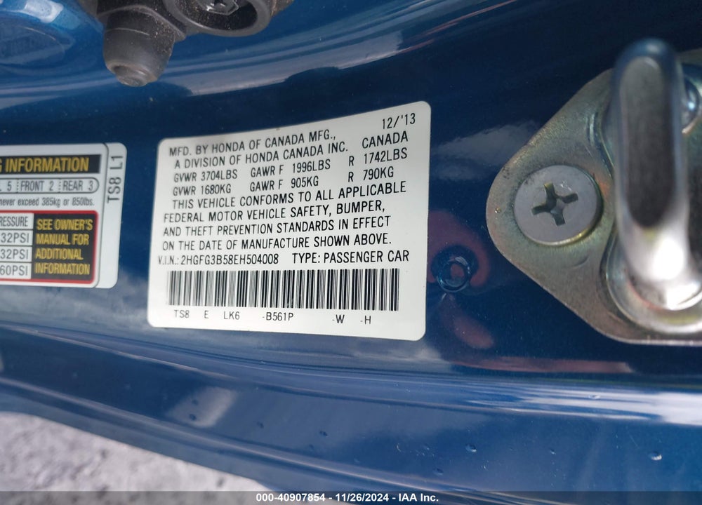 2014 HONDA CIVIC LX VIN: 2HGFG3B58EH504008