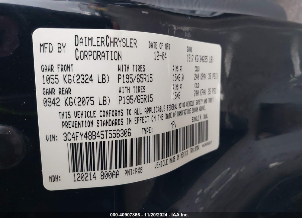 2005 CHRYSLER PT CRUISER VIN: 3C4FY48B45T556306