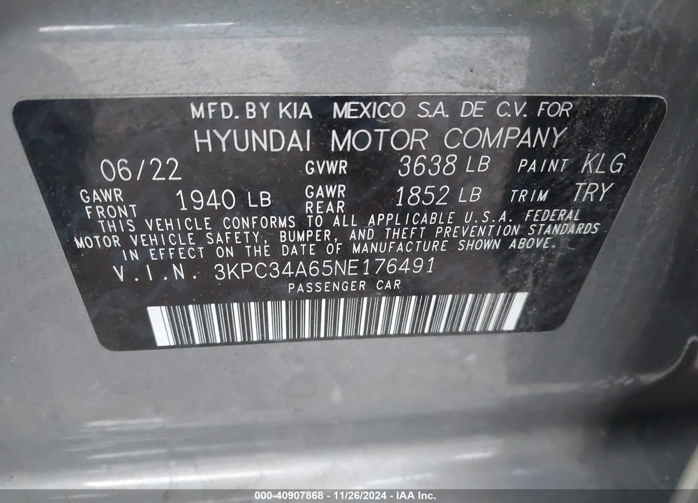 2022 HYUNDAI ACCENT LIMITED VIN: 3KPC34A65NE176491