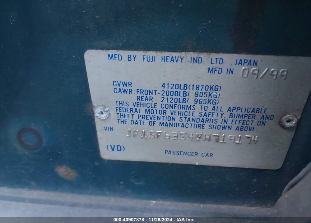 2000 SUBARU FORESTER L VIN: JF1SF6354YH719174