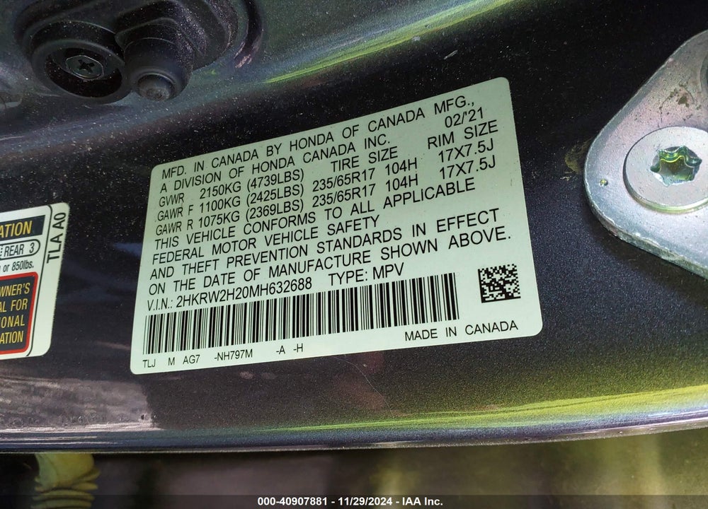 2021 HONDA CR-V AWD LX VIN: 2HKRW2H20MH632688