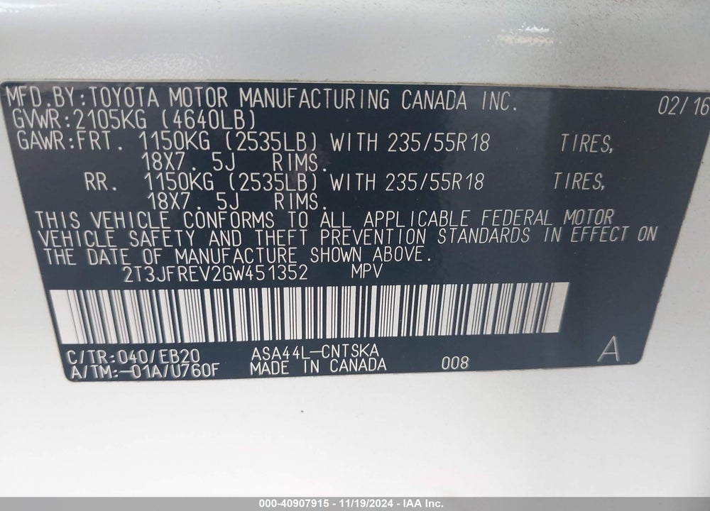 2016 TOYOTA RAV4 SE VIN: 2T3JFREV2GW451352
