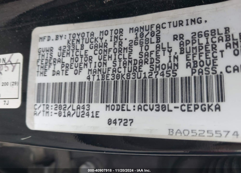 2003 TOYOTA CAMRY XLE VIN: 4T1BE30K83U127455