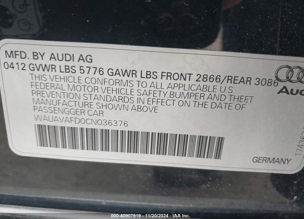 2012 AUDI A8 4.2 VIN: WAUAVAFD0CN036376