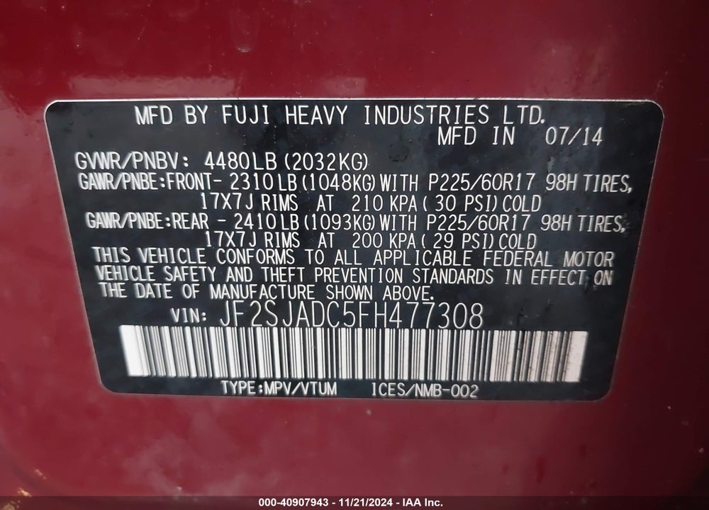 2015 SUBARU FORESTER 2.5I PREMIUM VIN: JF2SJADC5FH477308